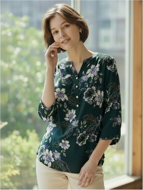 Croft & Barrow Green Floral Lightweight Blouse with 3/4 Length Sleeves Sz Small